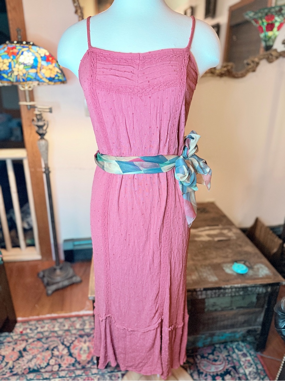 Tea Length Dress in Swiss dot rayon fabric w/Vintage Chiffon. Scarf Belt
